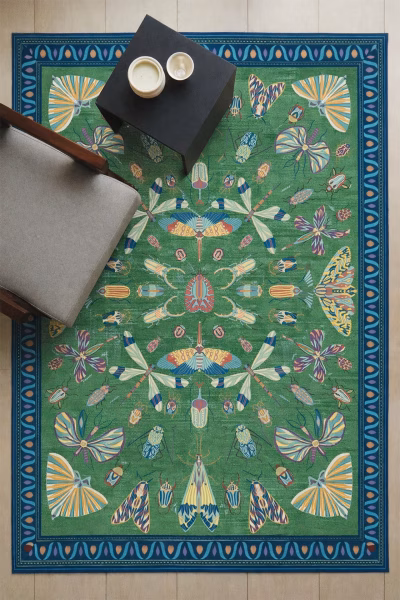 Renkli Kelebekler Yıkanabilir Dokuma Taban Bambu Halı Mavi Yeşil-RUG005