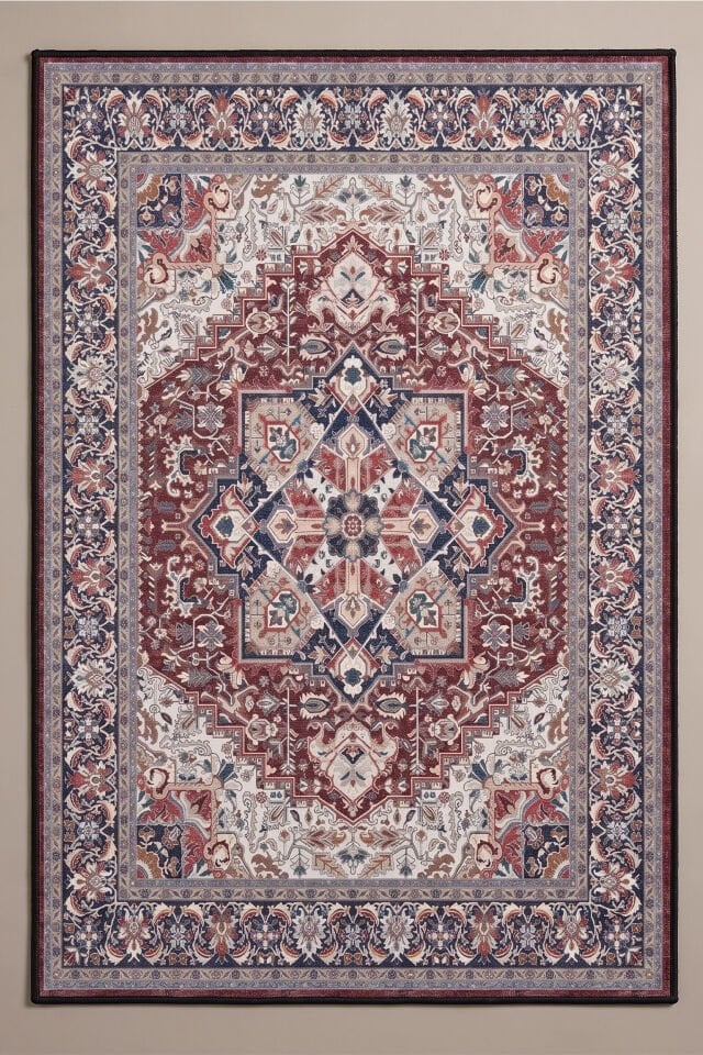 Ada Heriz Makinede Yıkanabilir Bambu Halı Bordo
