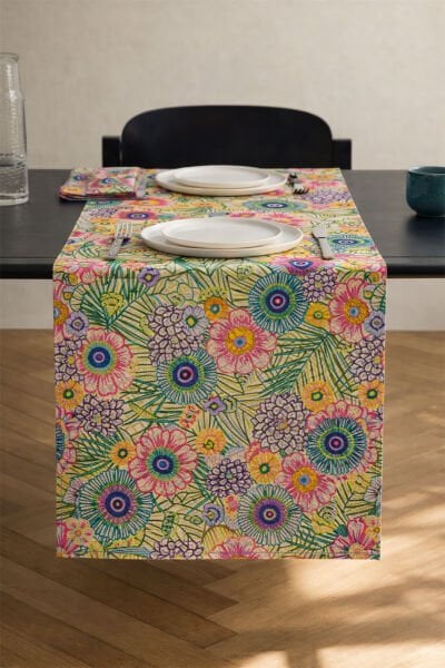 Renkli İlkbahar Çiçekleri Pamuklu Runner 50*150 Cm-RUNR017