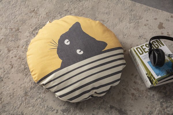 Black Cat Çok Amaçlı İç Dolgulu Puf, Yer Minderi, Bahçe Minderi, Balkon Minderi,Yuvarlak Minder