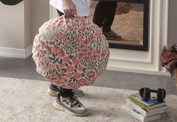 Pink Flowers Çok Amaçlı İç Dolgulu Puf, Yer Minderi, Bahçe Minderi, Balkon Minderi,Yuvarlak Minder