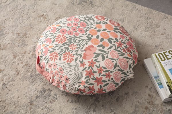 Pink Flowers Çok Amaçlı İç Dolgulu Puf, Yer Minderi, Bahçe Minderi, Balkon Minderi,Yuvarlak Minder