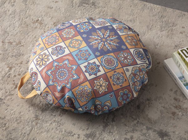 Mandala Çok Amaçlı İç Dolgulu Puf, Yer Minderi, Bahçe Minderi, Balkon Minderi,Yuvarlak Minder