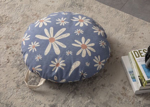 Blue Daisy Çok Amaçlı İç Dolgulu Puf, Yer Minderi, Bahçe Minderi, Balkon Minderi,Yuvarlak Minder