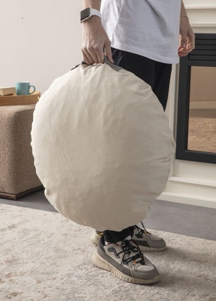 Beige Çok Amaçlı İç Dolgulu Puf, Yer Minderi, Bahçe Minderi, Balkon Minderi,Yuvarlak Minder