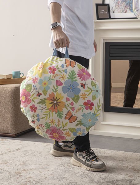 Floral Çok Amaçlı İç Dolgulu Puf, Yer Minderi, Bahçe Minderi, Balkon Minderi,Yuvarlak Minder