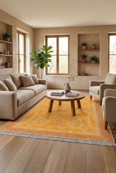 Apfel Sarı Türk Motifli Makinede Yıkanabilir Bambu Halı-003