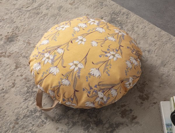 Yellow Flowers Çok Amaçlı İç Dolgulu Puf, Yer Minderi, Bahçe Minderi, Balkon Minderi,Yuvarlak Minder