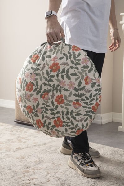 Floral Çok Amaçlı İç Dolgulu Puf, Yer Minderi, Bahçe Minderi, Balkon Minderi,Yuvarlak Minder