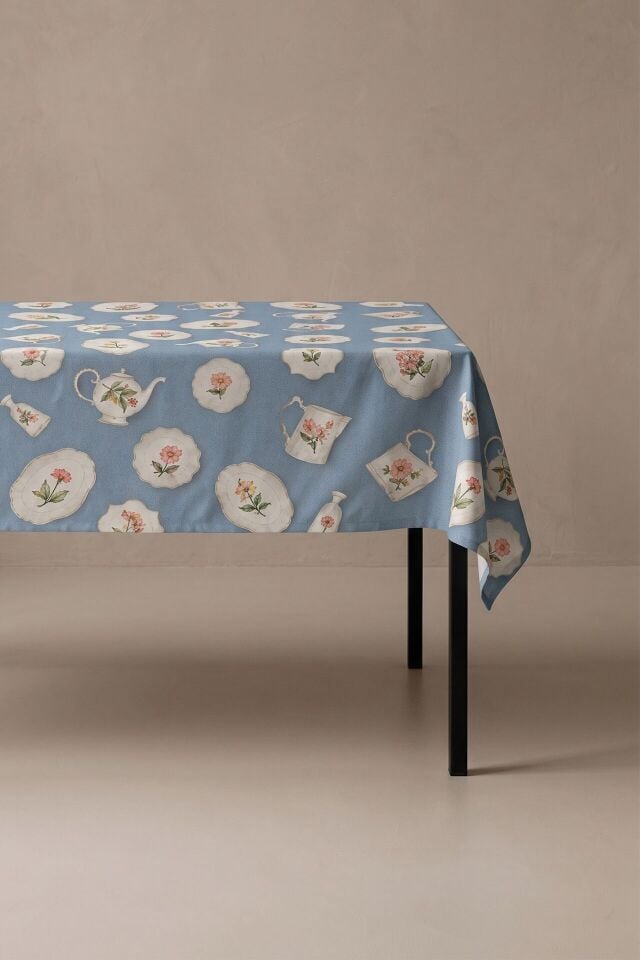 Vintage Porselen Pamuklu Masa Örtüsü-Mavi