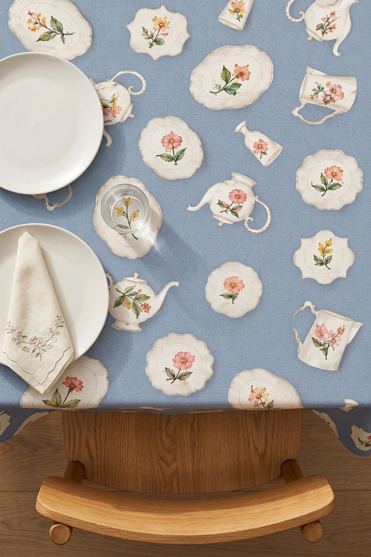 Vintage Porselen Pamuklu Masa Örtüsü-Mavi