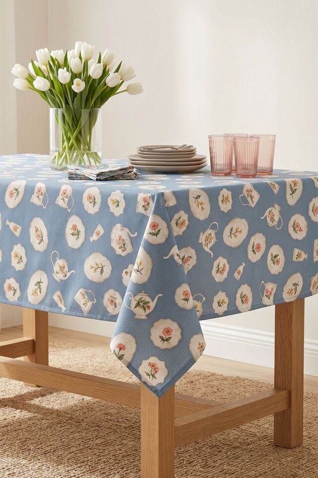 Vintage Porselen Pamuklu Masa Örtüsü-Mavi