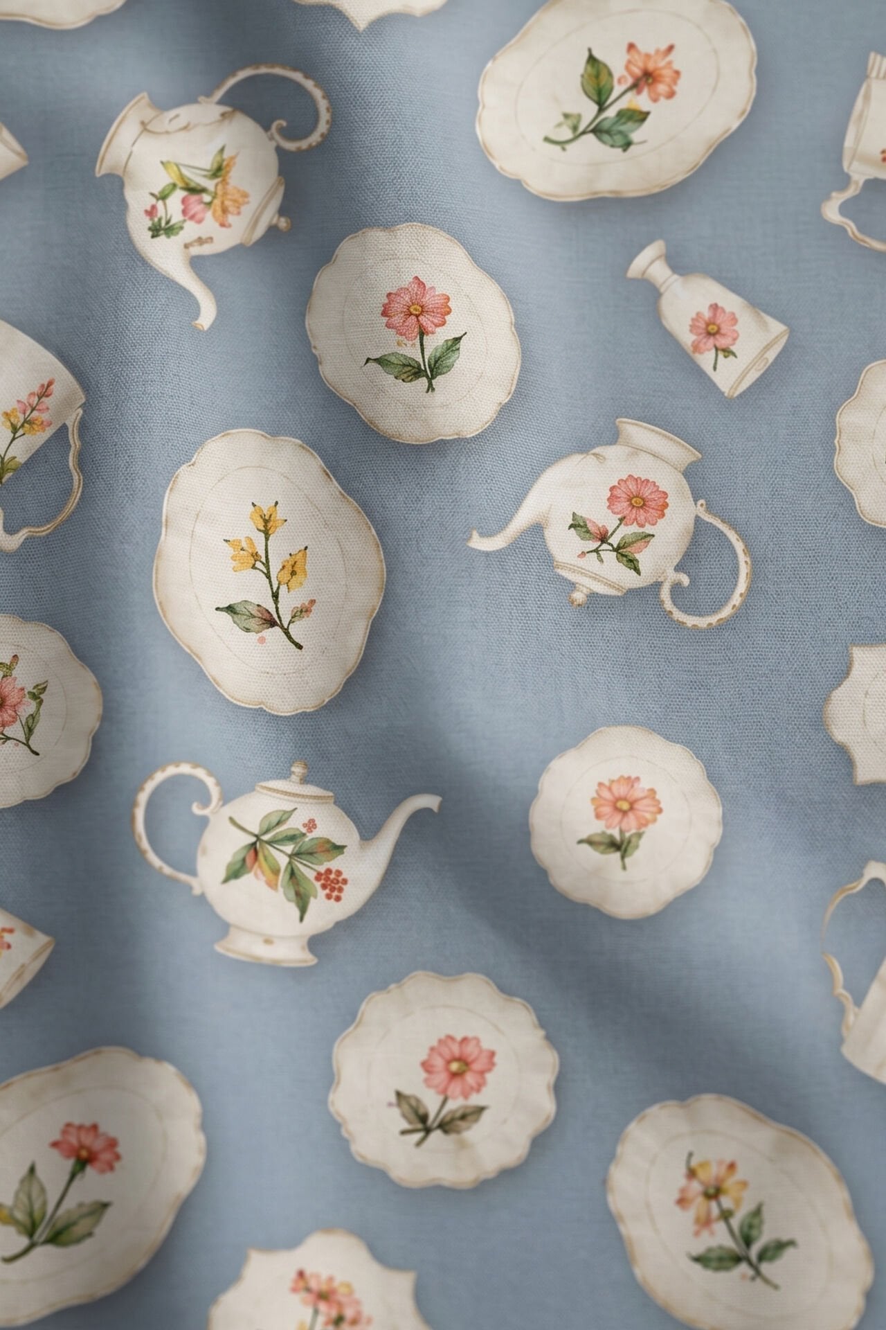 Vintage Porselen Pamuklu Masa Örtüsü-Mavi