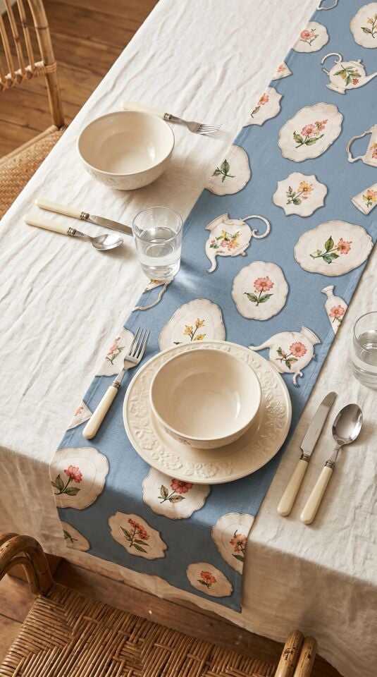 Vintage Porselen Runner 50x150 Cm Mavi