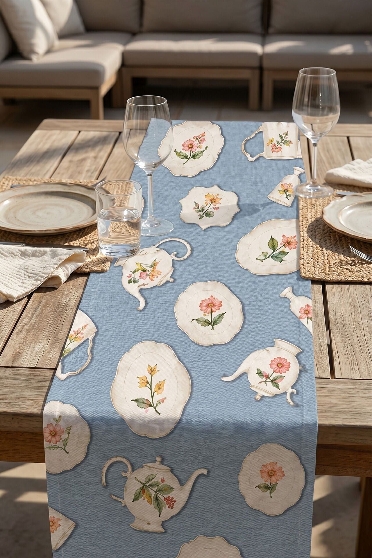 Vintage Porselen Runner 50x150 Cm Mavi