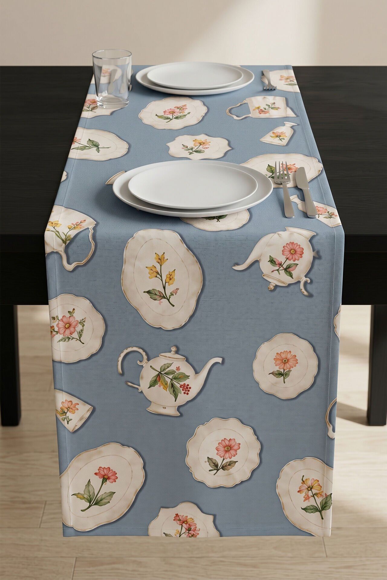 Vintage Porselen Runner 50x150 Cm Mavi