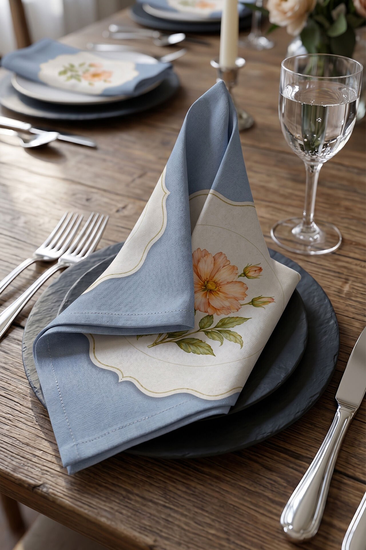 Vintage Porselen 6'lı Peçete 40x40 Cm Mavi