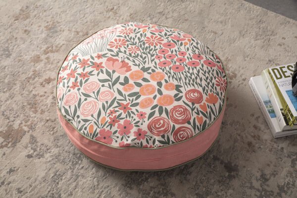 Dekomall Pink Flowers Çok Amaçlı İç Dolgulu Puf, Yer Minderi, Bahçe Minderi, Balkon Minderi,Yuvarlak Minder