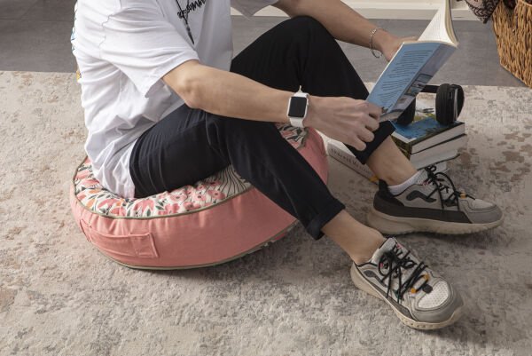 Dekomall Pink Flowers Çok Amaçlı İç Dolgulu Puf, Yer Minderi, Bahçe Minderi, Balkon Minderi,Yuvarlak Minder