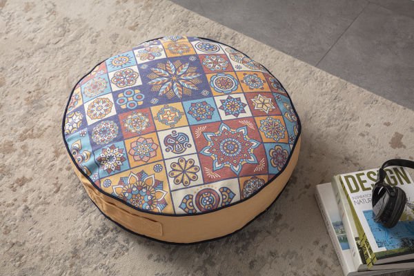 Dekomall Mandala Çok Amaçlı İç Dolgulu Puf, Yer Minderi, Bahçe Minderi, Balkon Minderi,Yuvarlak Minder