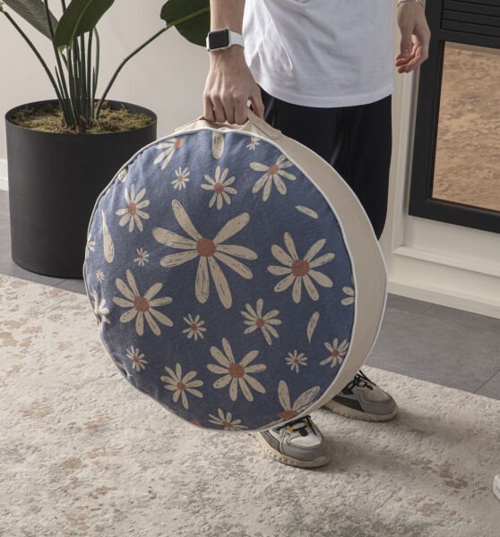 Dekomall Blue Daisy Çok Amaçlı İç Dolgulu Puf, Yer Minderi, Bahçe Minderi, Balkon Minderi,Yuvarlak Minder
