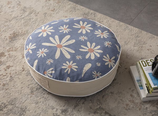 Dekomall Blue Daisy Çok Amaçlı İç Dolgulu Puf, Yer Minderi, Bahçe Minderi, Balkon Minderi,Yuvarlak Minder