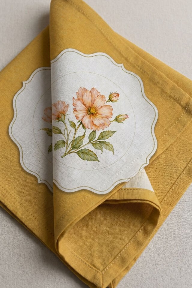 Vintage Porselen 6'lı Peçete 40x40 Cm Hardal