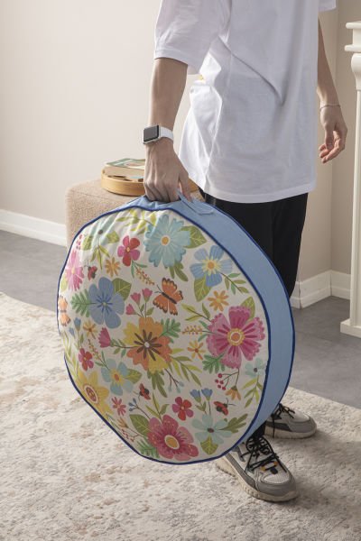 Dekomall Floral Çok Amaçlı İç Dolgulu Puf, Yer Minderi, Bahçe Minderi, Balkon Minderi,Yuvarlak Minder