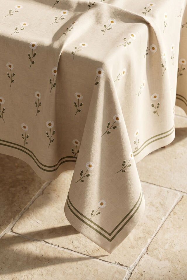 Daisy Yeşil Bordürlü Pamuklu Masa Örtüsü Bej