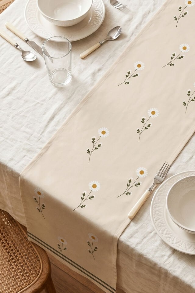 Daisy Yeşil Bordürlü Pamuklu Runner Bej 50x150 Cm