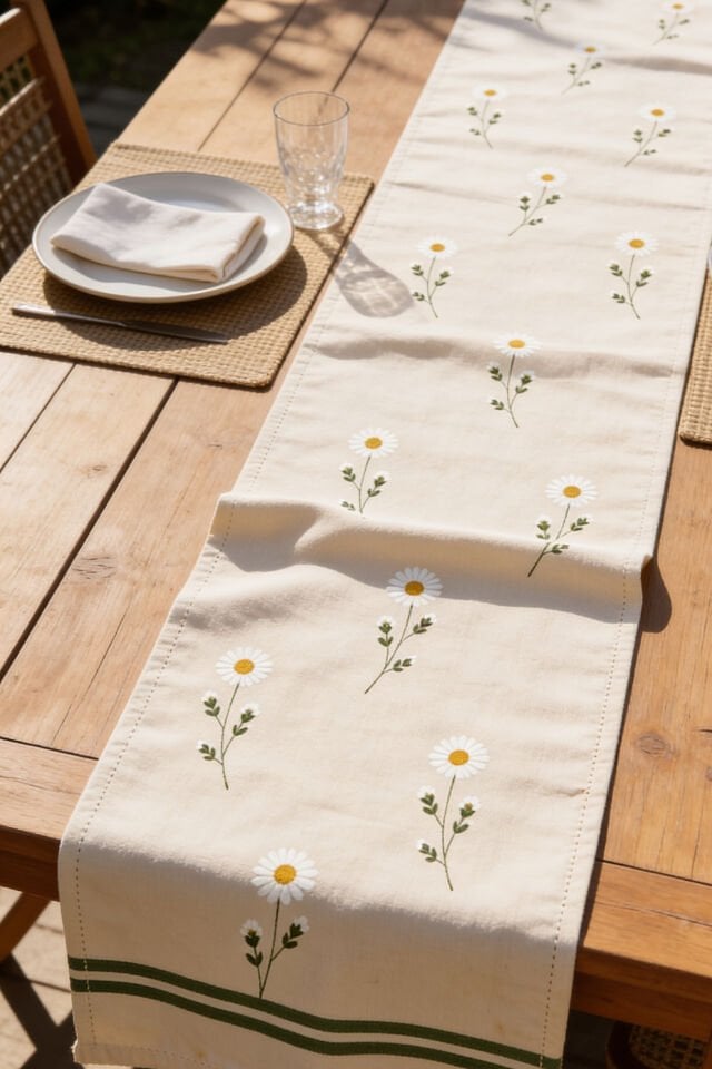 Daisy Yeşil Bordürlü Pamuklu Runner Bej 50x150 Cm