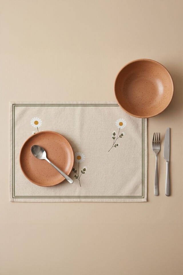 Daisy Yeşil Bordürlü 6'lı Amerikan Servis 35x50 Cm Bej