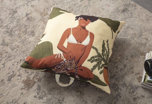 Dekomall Summer Woman Çok Amaçlı İç Dolgulu Puf, Yer Minderi, Bahçe Minderi, Balkon Minderi,Kare Minder