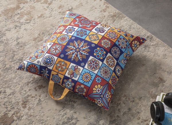 Dekomall Mandala Çok Amaçlı İç Dolgulu Puf, Yer Minderi, Bahçe Minderi, Balkon Minderi,Kare Minder