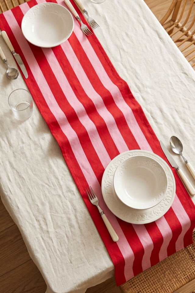 Rose Stripe Pamuklu Runner  - Kırmızı & Gül 50x150 Cm
