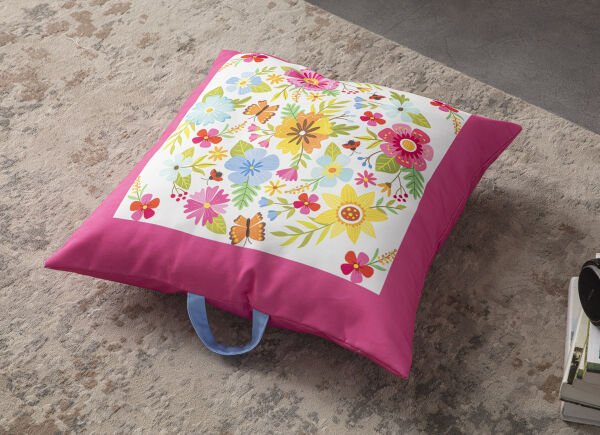 Dekomall Floral Çok Amaçlı İç Dolgulu Puf, Yer Minderi, Bahçe Minderi, Balkon Minderi,Kare Minder