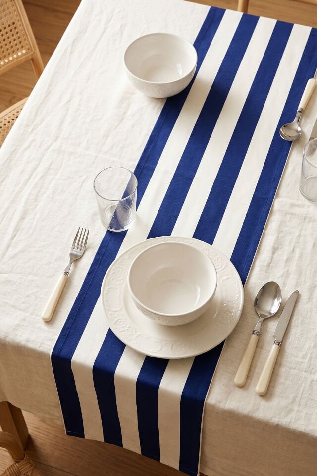 Ocean Stripe Pamuklu Runner - 50x150 Cm Mavi & Beyaz Çizgili