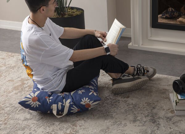 Dekomall Blue Daisy Çok Amaçlı İç Dolgulu Puf, Yer Minderi, Bahçe Minderi, Balkon Minderi,Kare Minder