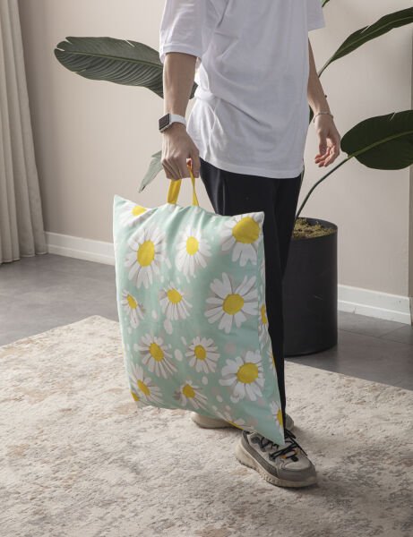 Dekomall Green Daisy Çok Amaçlı İç Dolgulu Puf, Yer Minderi, Bahçe Minderi, Balkon Minderi,Kare Minder