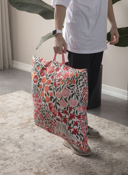 Dekomall Pink Flowers Çok Amaçlı İç Dolgulu Puf, Yer Minderi, Bahçe Minderi, Balkon Minderi,Kare Minder