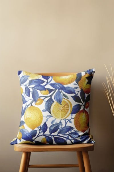 Limon ve Mavi Yapraklar  4'lü Kırlent Kılıfı 439