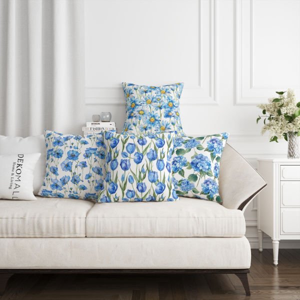 Mavi Çiçekler  4'lü Kırlent Kılıfı 440