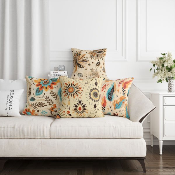 Bohem Renkli Soyut Çiçekler  4'lü Kırlent Kılıfı 442