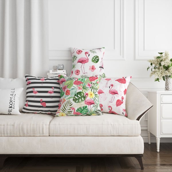 Flamingo ve Tropikal Yapraklar  4'lü Kırlent Kılıfı 454