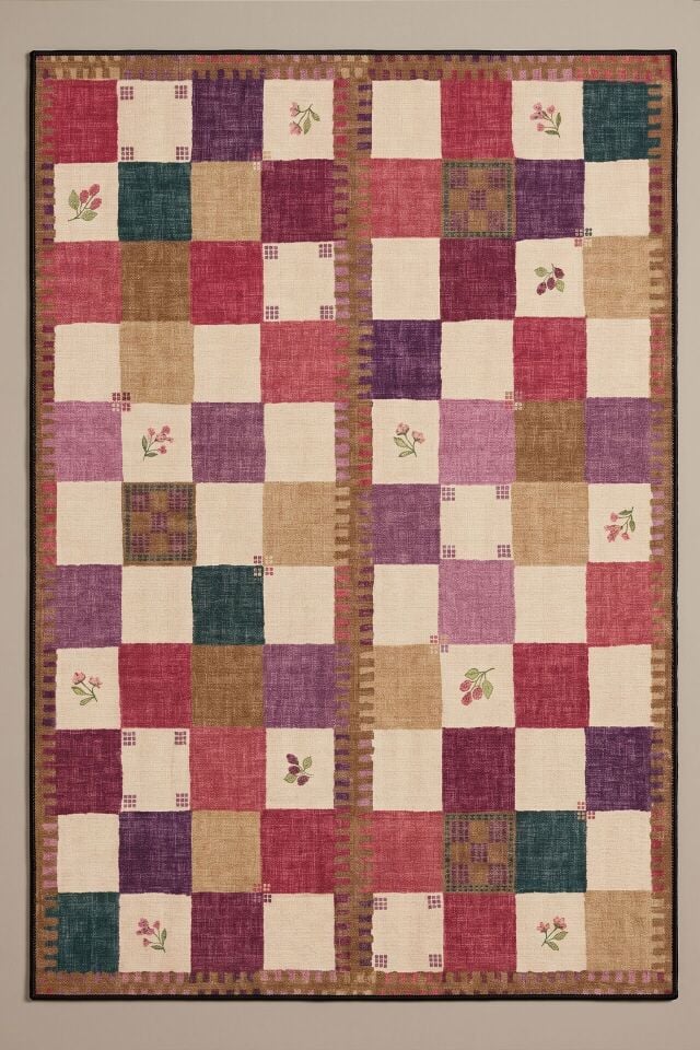 Çiçek Desenli Patchwork Makinede Yıkanabilir Bambu Mutfak Halısı Kırmızı