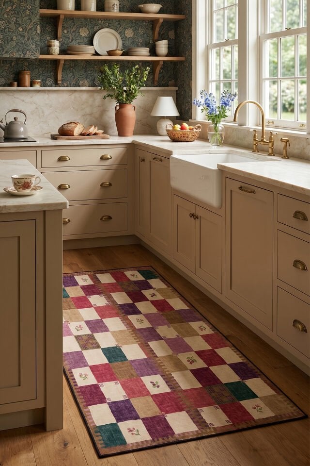 Çiçek Desenli Patchwork Makinede Yıkanabilir Bambu Mutfak Halısı Kırmızı