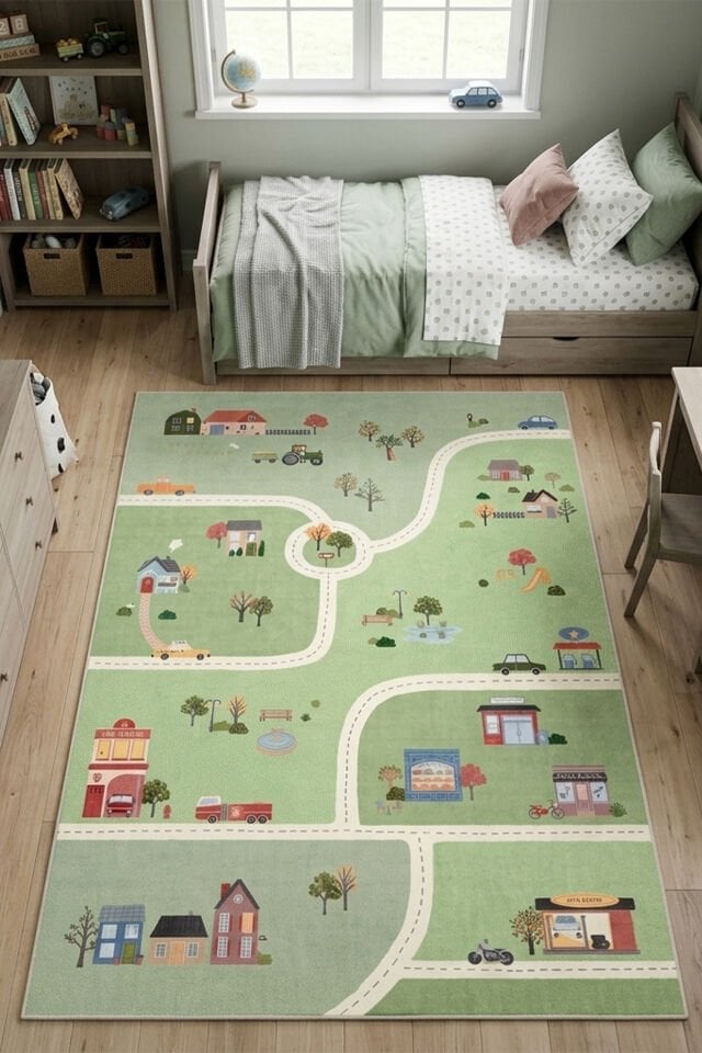 Road Yeşil Makinede Yıkanabilir Bambu Çocuk Odası Halısı
