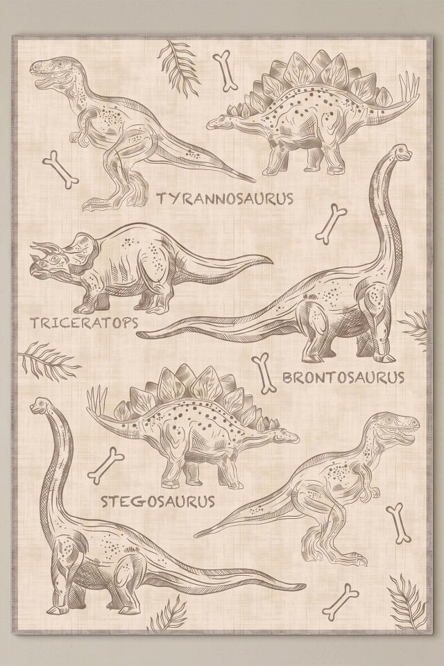 Daxon Dinozor Yıkanabilir Bambu Çocuk Odası Halısı - Bej