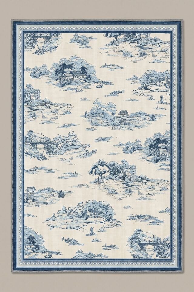 Mavi Toile Makinede Yıkanabilir Bambu Mutfak Halısı