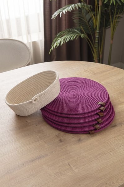 7 parça  %100 Pamuk El Yapımı Amerikan Servis Supla-Ekmek sepeti Seti/Krem-Mor